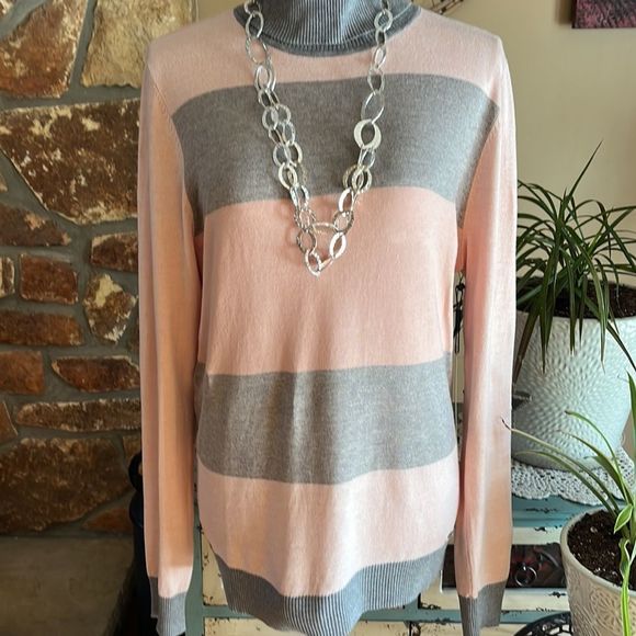 Calvin Klein Tops - Calvin Klein Pink and Gray Striped Print Turtleneck Long Sleeve Top Size Large